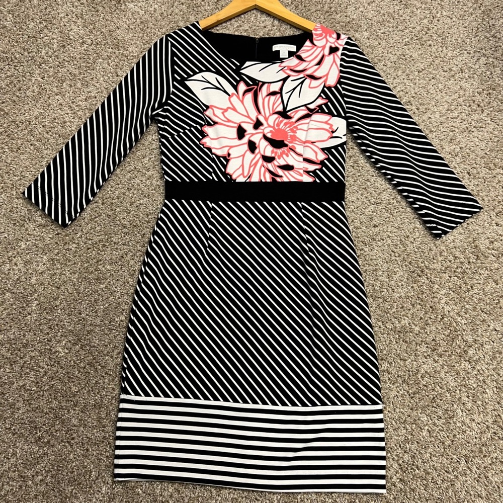 New York & Company Floral Stripe Sheath Dress Black White Pink XS 3/4 Sleeve